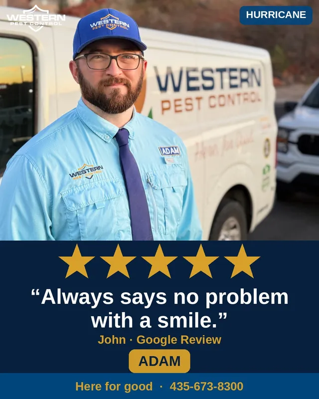 Adam, Western Pest Control technician serving Hurricane, with a five-star Google review