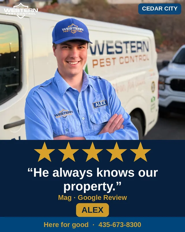 Alex, Western Pest Control technician serving Cedar City, with a five-star Google review
