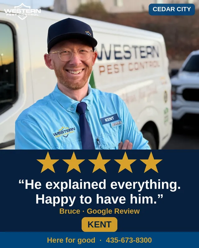 Kent, Western Pest Control technician serving Cedar City, with a five-star Google review